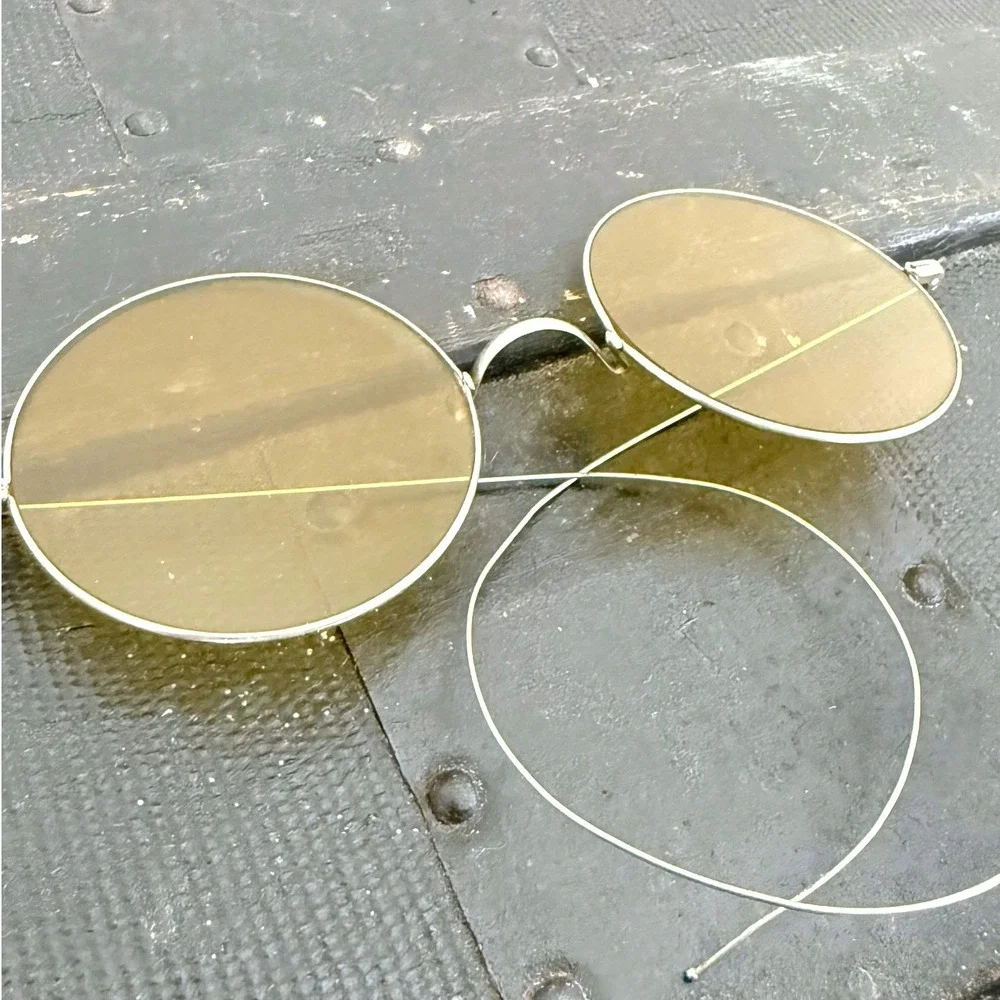 Vintage Round Wire Frame Sunglasses Amber Tint Cable Temple Steampunk